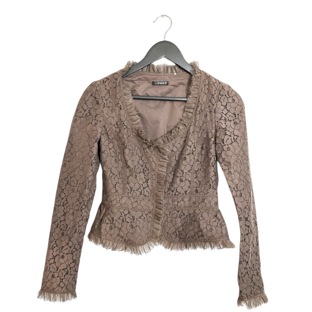 Tahari Lace Jacket Fringe Trim Ruffle Romantic Feminine Style Size 2 Business